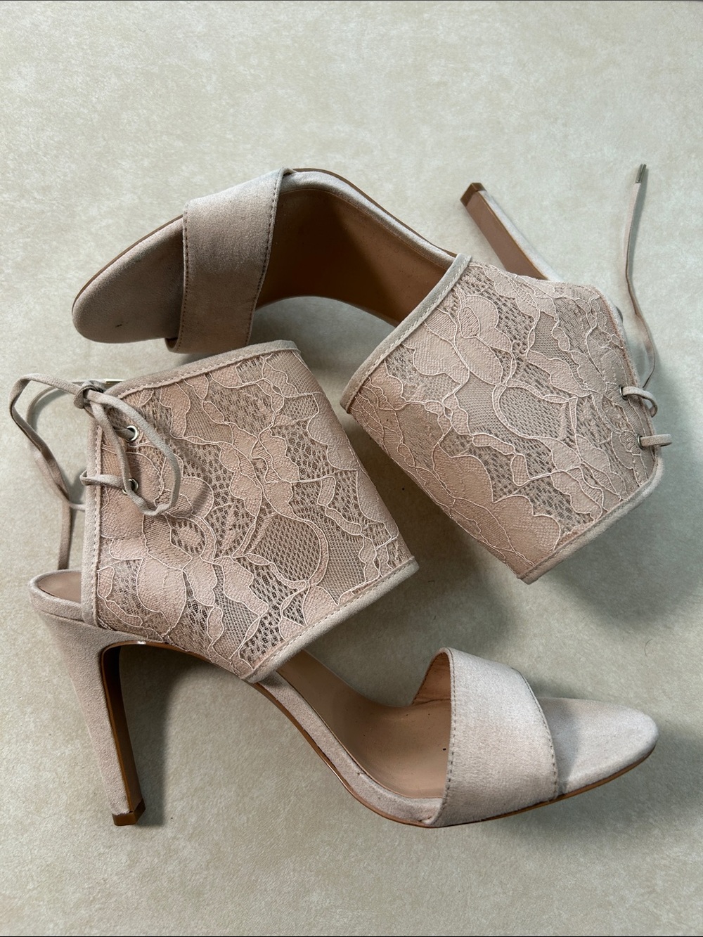 Audrey Brooke Lace Peep-Toe Heels in Blush Nude